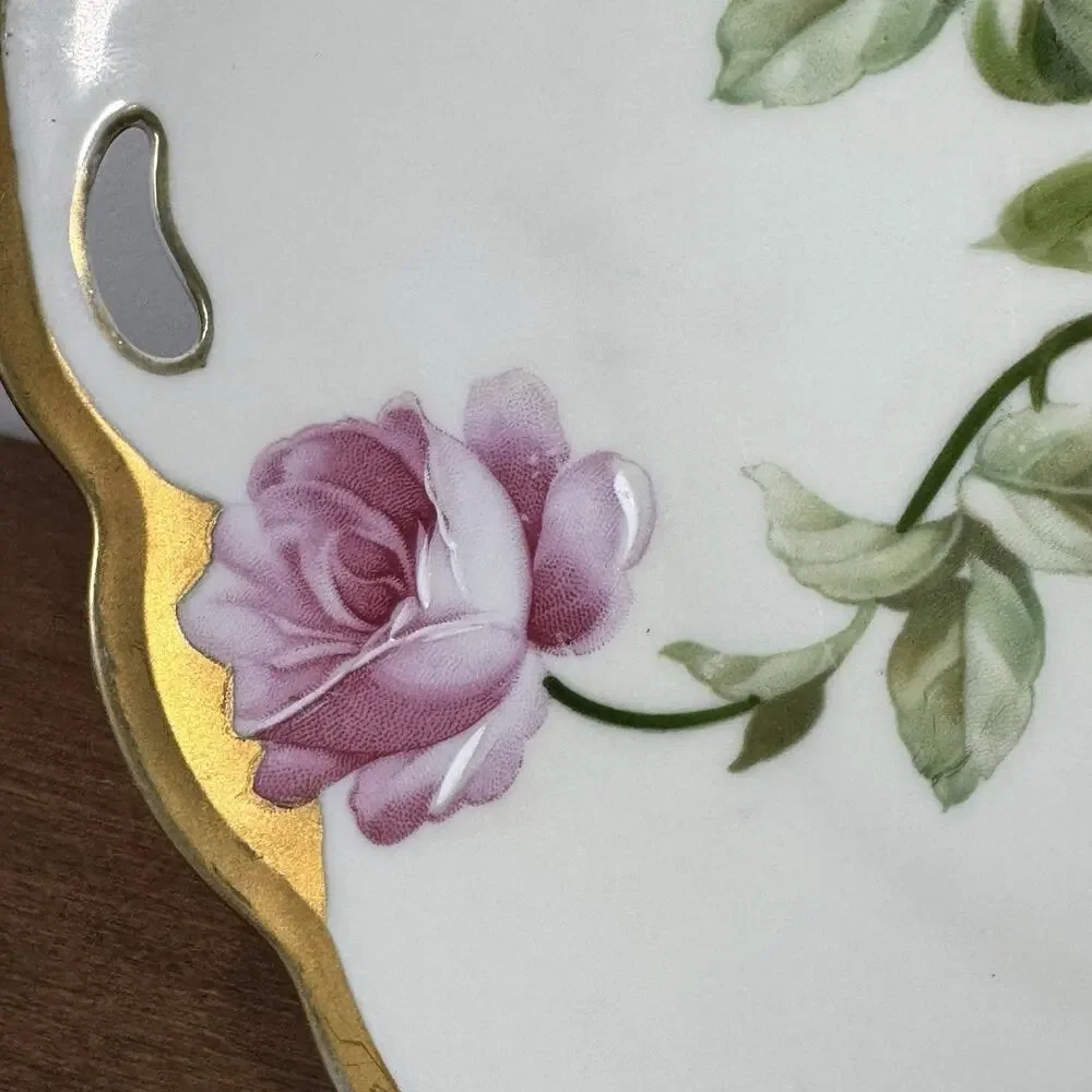 Antique M&Z Austria Hand Painted Pink Rose Cake Plate Gold Gilt Tray Handled